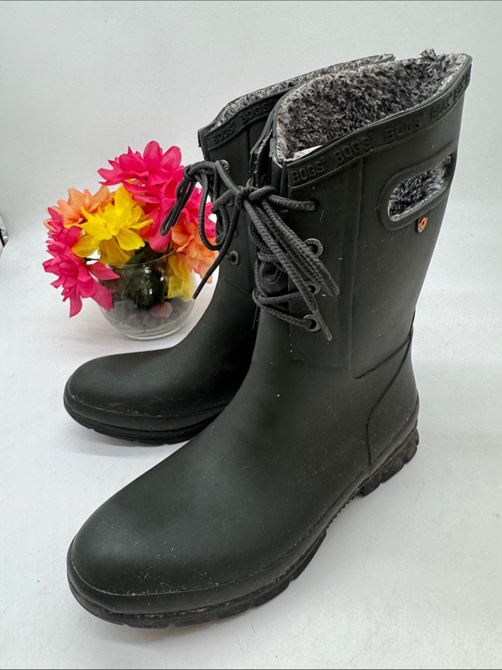 Bogs Amanda Plush Women's Black Lace-Top Insulated Rain Boots Size 9
